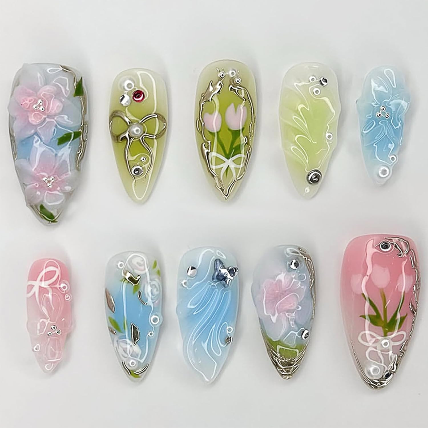 Pink French Tip Press on Nails Medium Almond Fake Nails with 3D Bow & Glitter Rh