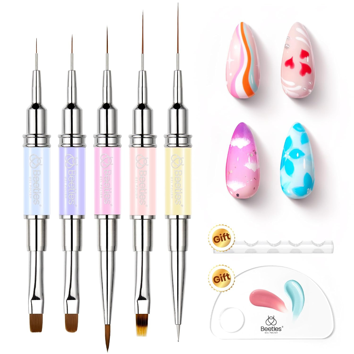7 Pcs Double-Ended Nail Art Brushes Set, Synthetic Fibers | Gel Polish Design Pe