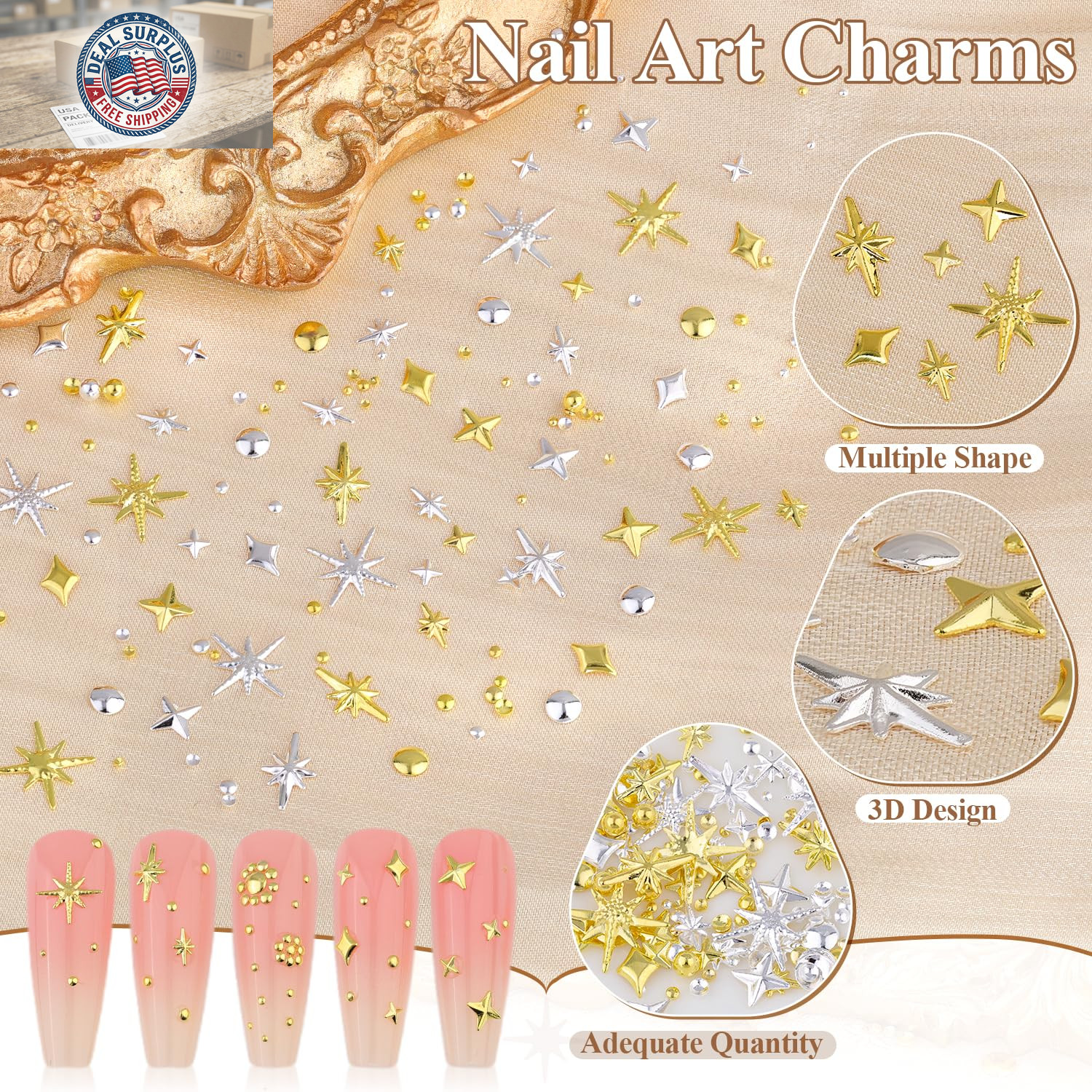 660Pcs 3D Star Nail Charms, Gold & Silver Multi-Shapes Metallic Nail Art Gems,Be