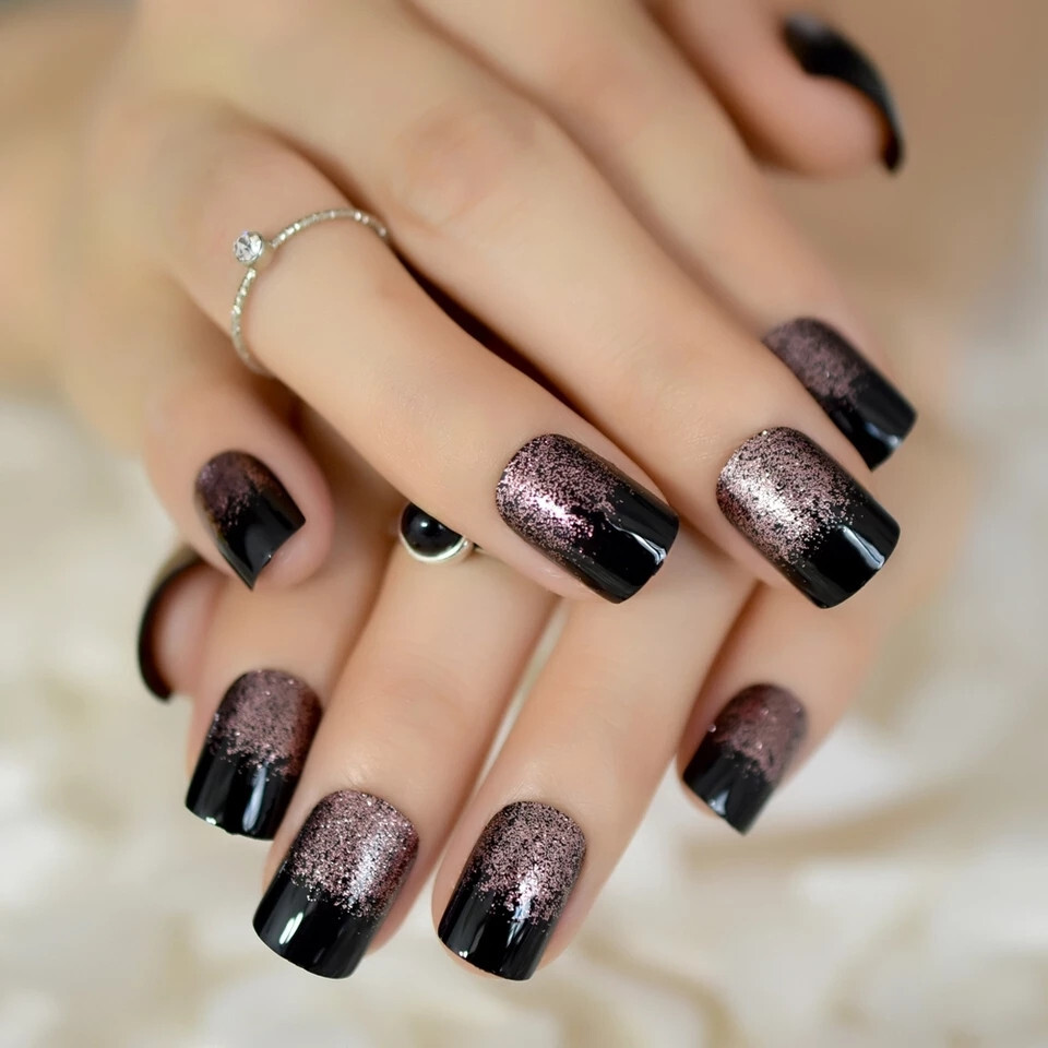 24 Short press on nails kit w glue black square rose gold ombre glitter pink