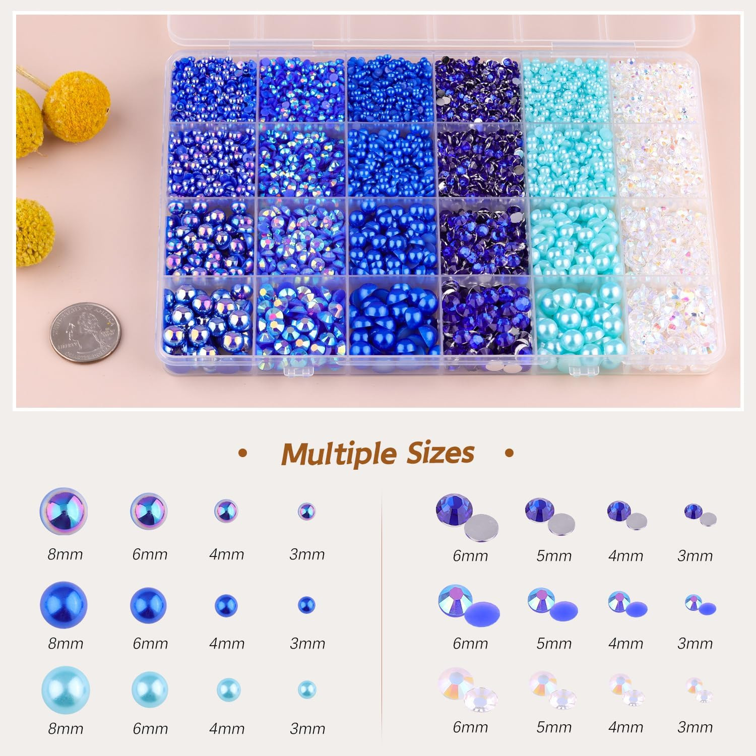 14000PCS Flatback Pearls and Blue Rhinestones for Bedazzling Kit | Dark Blue Mix
