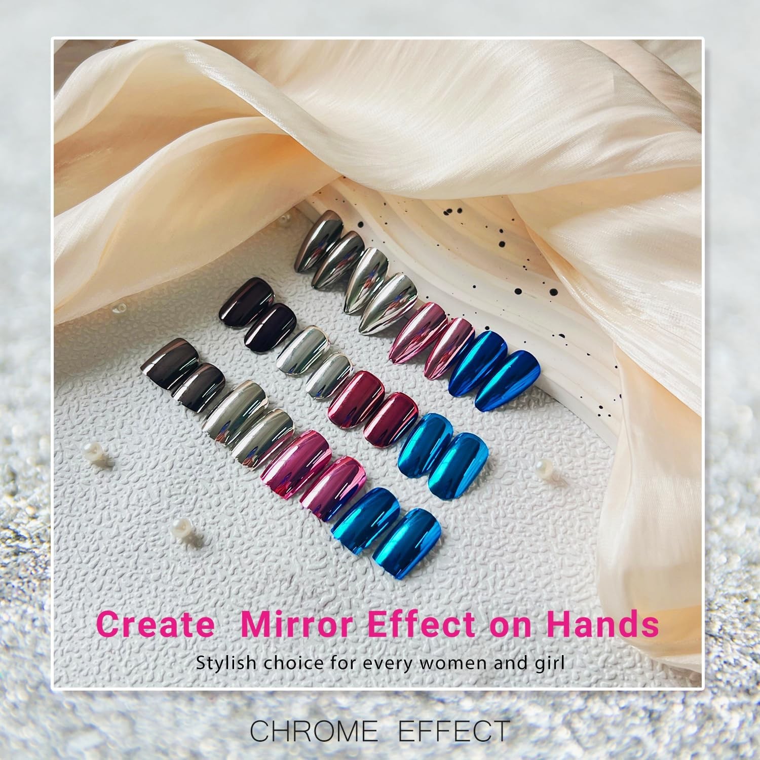 Mirror Metal Black Press on Nails Short Square, Chrome Glazed square black