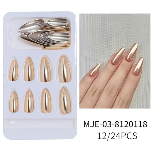 Gold Press on Nails Medium Almond Fake Nails Chrome Metallic False Style-12