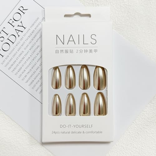 Gold Press on Nails Medium Almond Fake Nails Chrome Metallic False Style-12