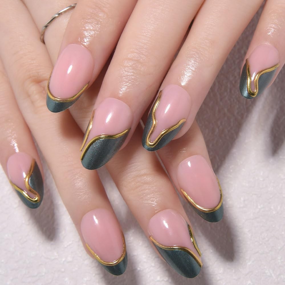 evpct French Tip Press On Nails Short Almond, Nude Pink + Gold Line & Dark Gr…