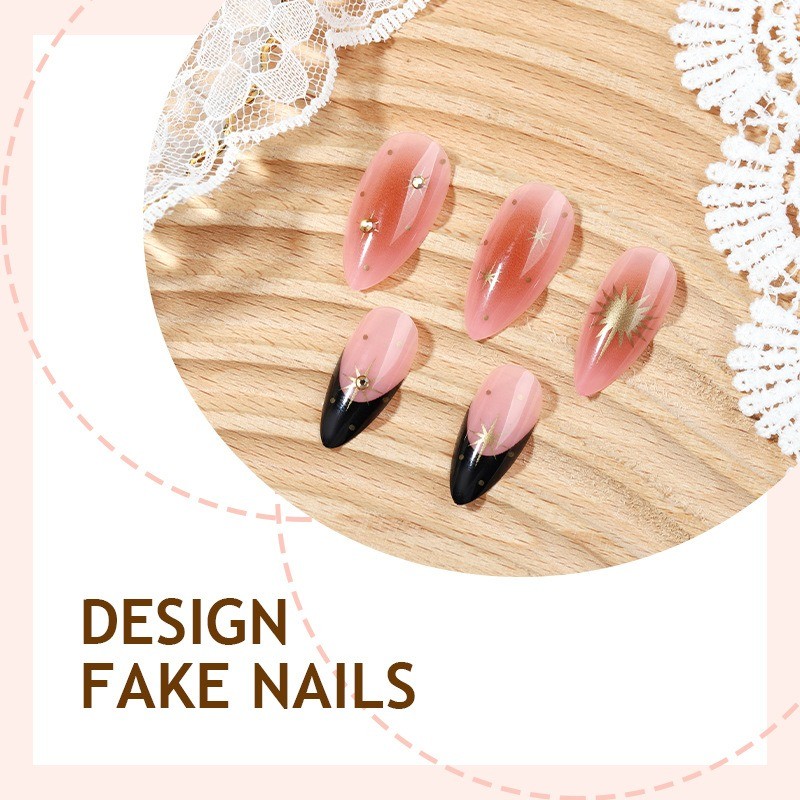 48Pcs-Long Almond Black Nude Gold Star Heart Glossy Press on Nails Set