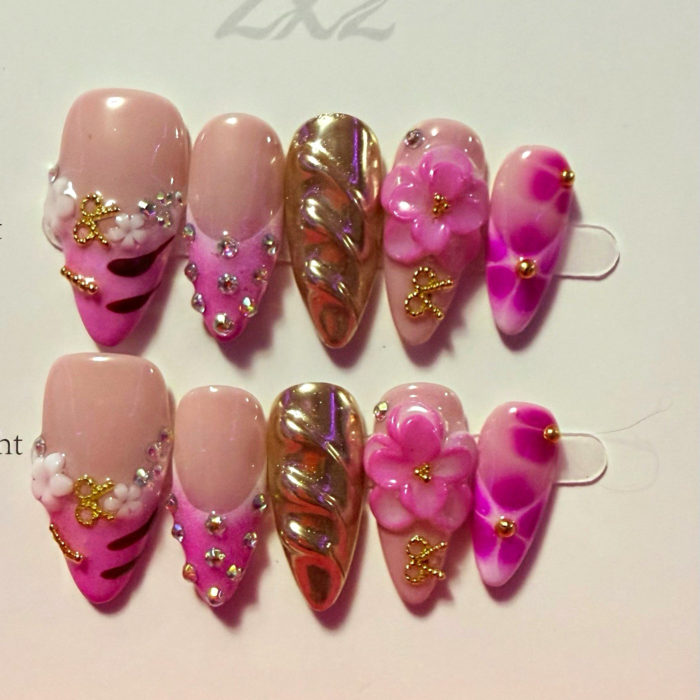 Pink/Gold 3D Floral Rhinestone Almond Press-On Nails, Size small