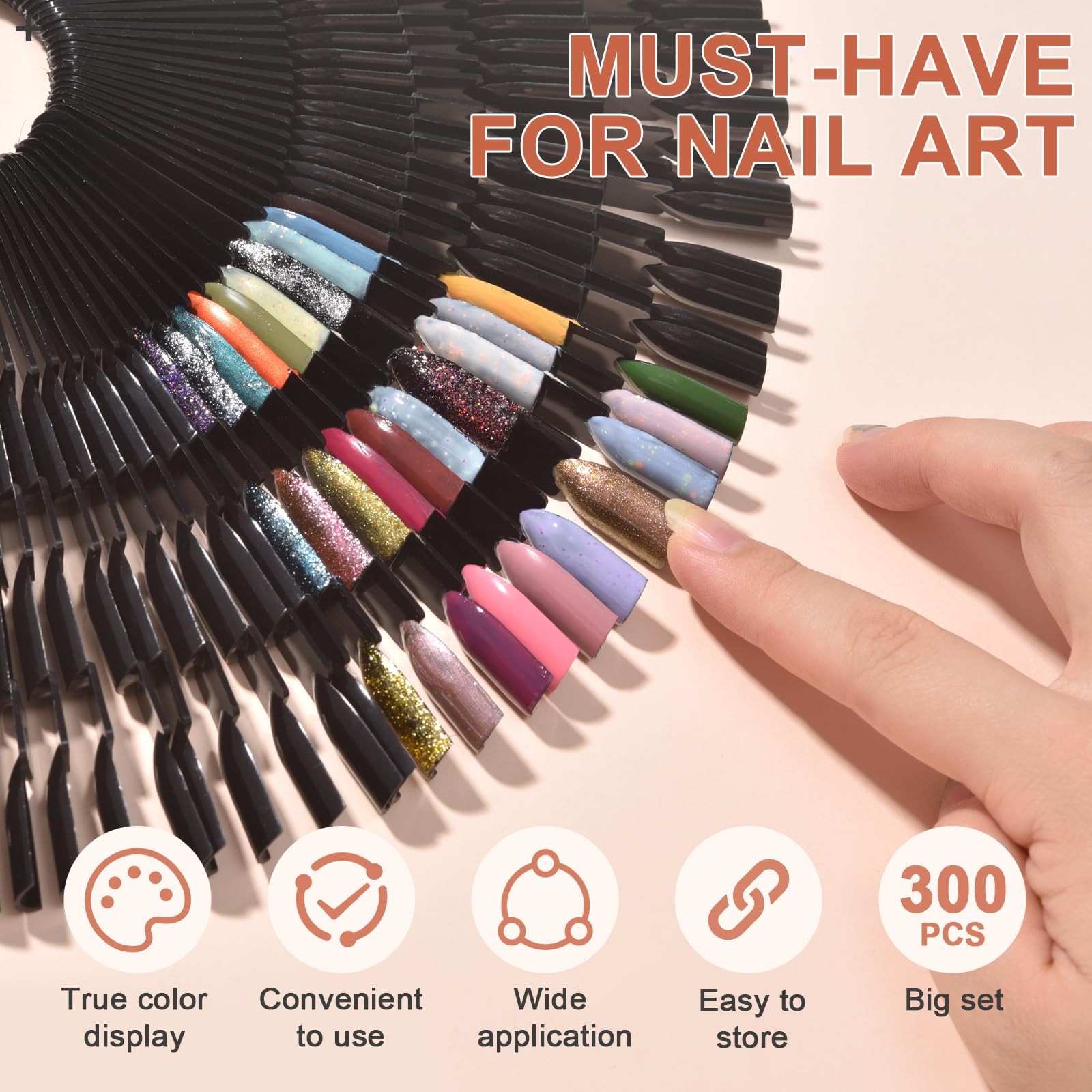 300 Tips Black Nail Swatch Sticks 3 in 1 Nail Display Sticks