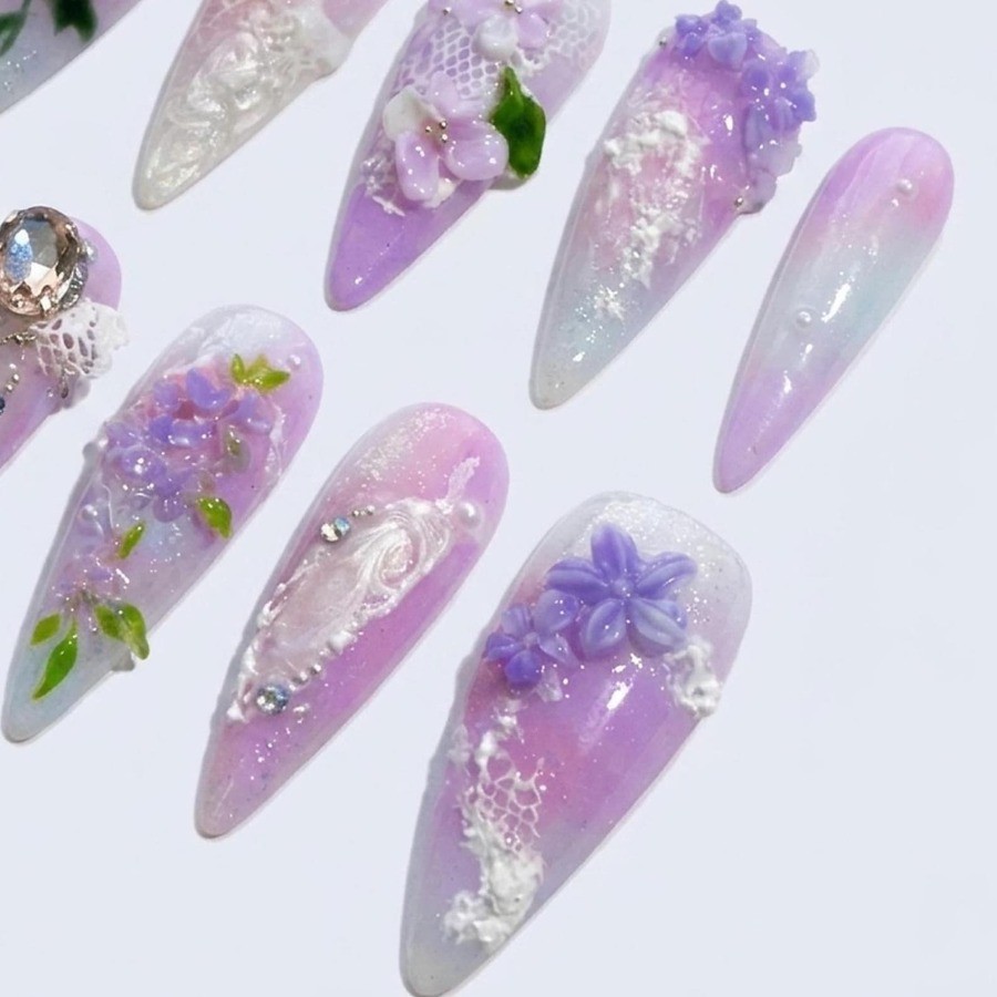 Custom Pure Handmade Nails Wisteria Lace Pearl Rhinestone Wedding Manicure