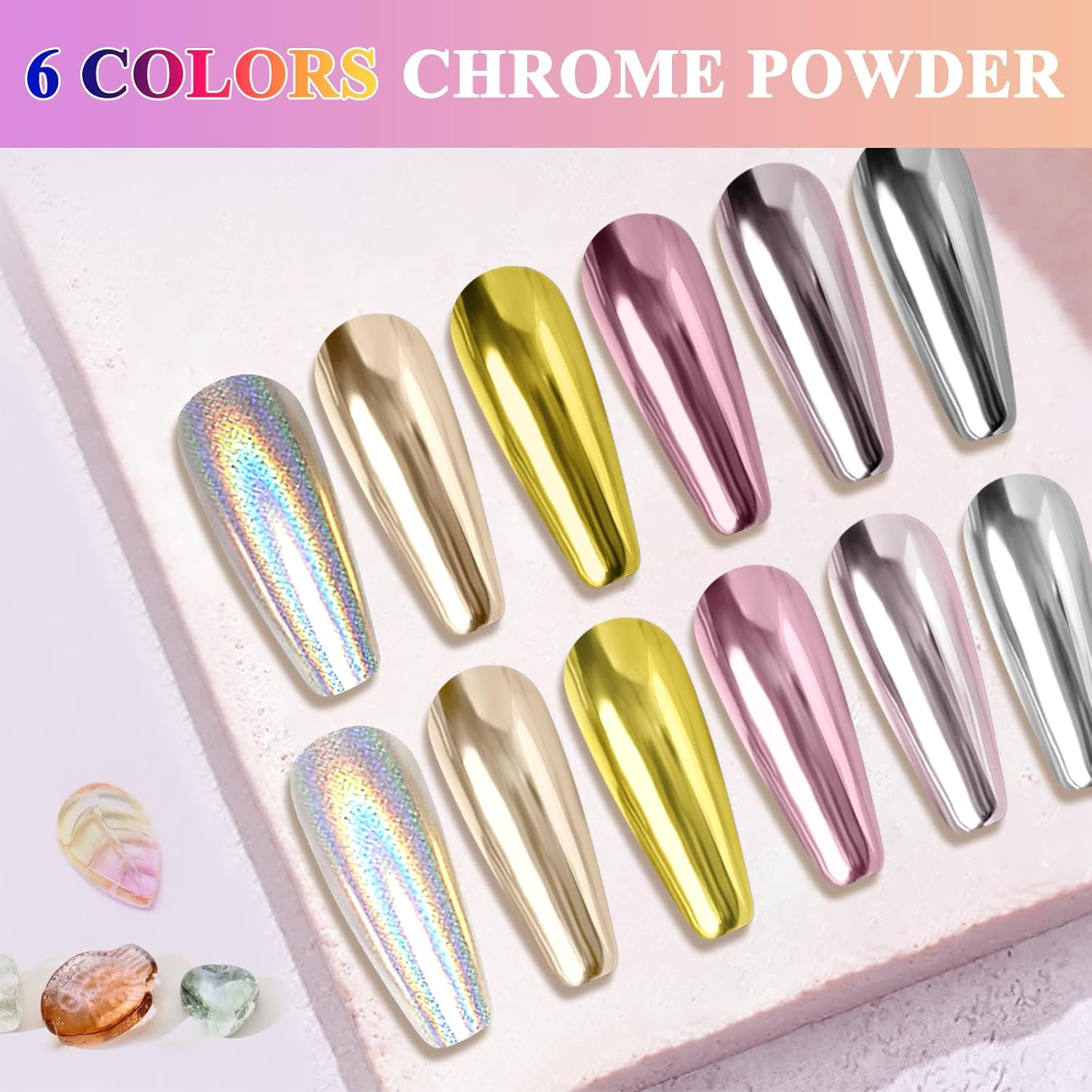 Gold Silver Chrome Nail Powder, 6 Colors Metallic Mirror Effect Pink Light Purp
