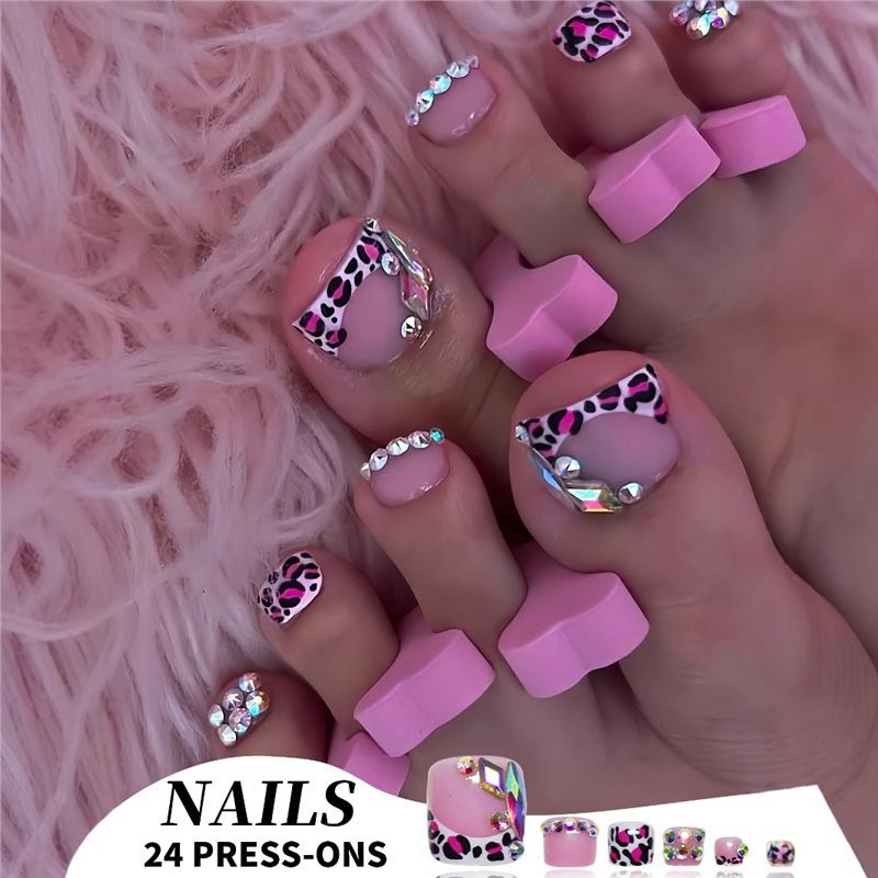 Pink Leopard Toe Nail Patches With Rhinestones Ins Style Wholesale From Factory