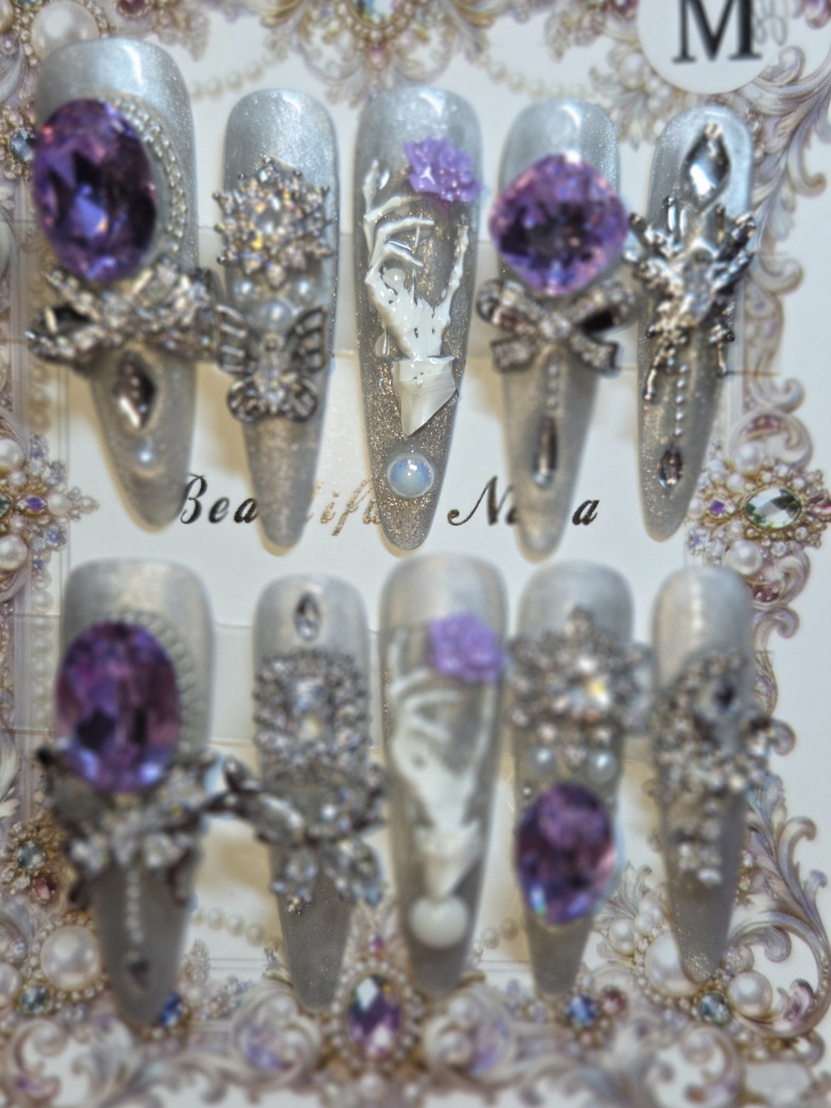 Press On Nails Handmade Medium Gray purple charms butterflies, gothic hand rose