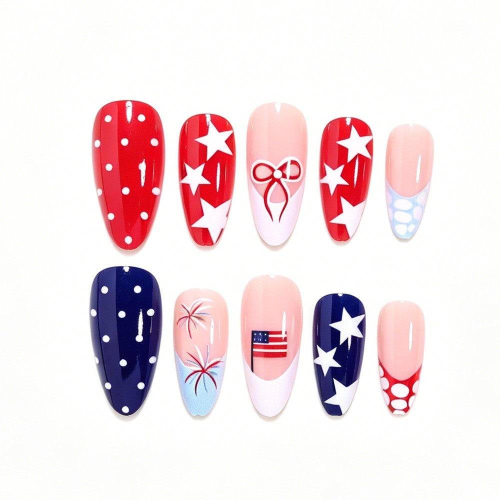 48pcs-4th of July Press on Nails, Medium Almond Stars & Stripes Fake Nails