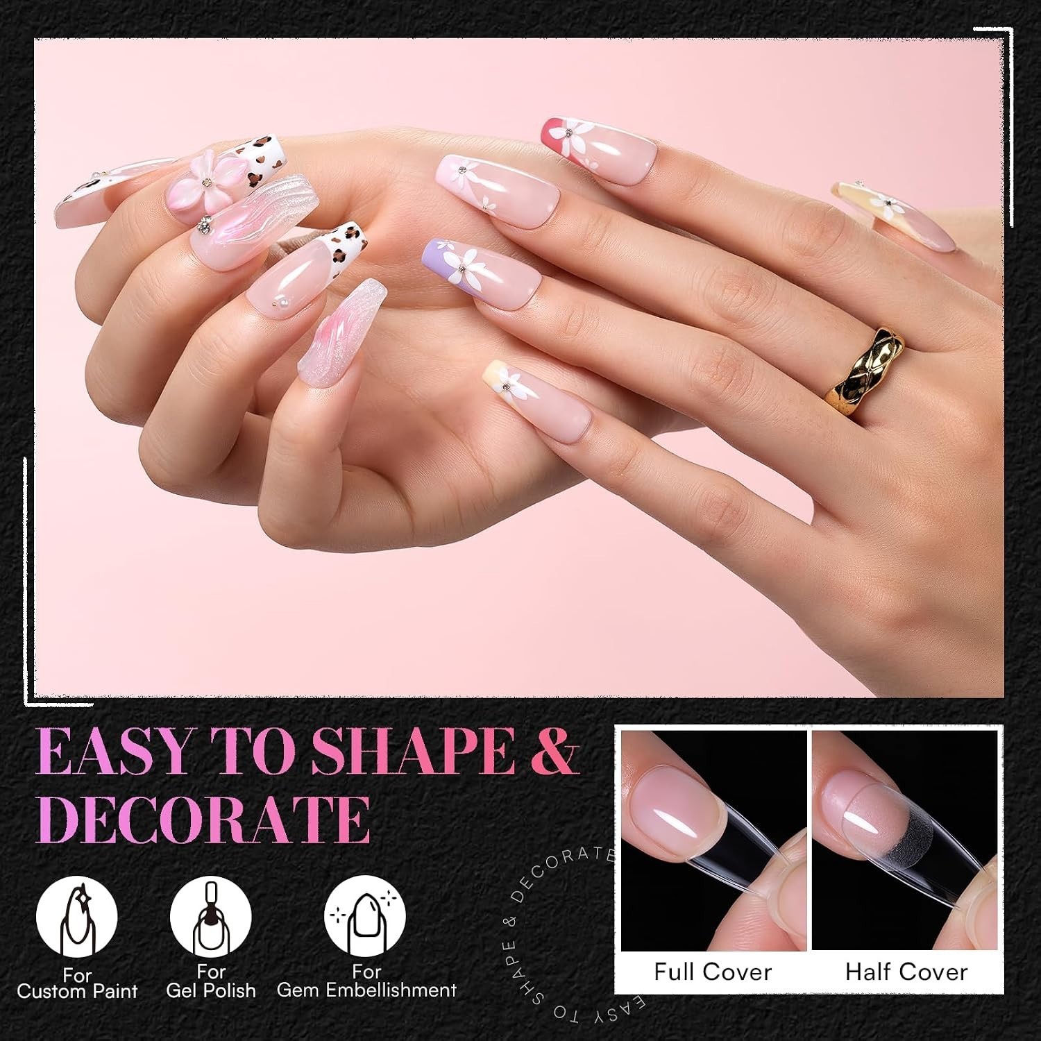 15 Sizes Medium Coffin Clear Nail Tips – Durable Half Matte Design, 504 PCS