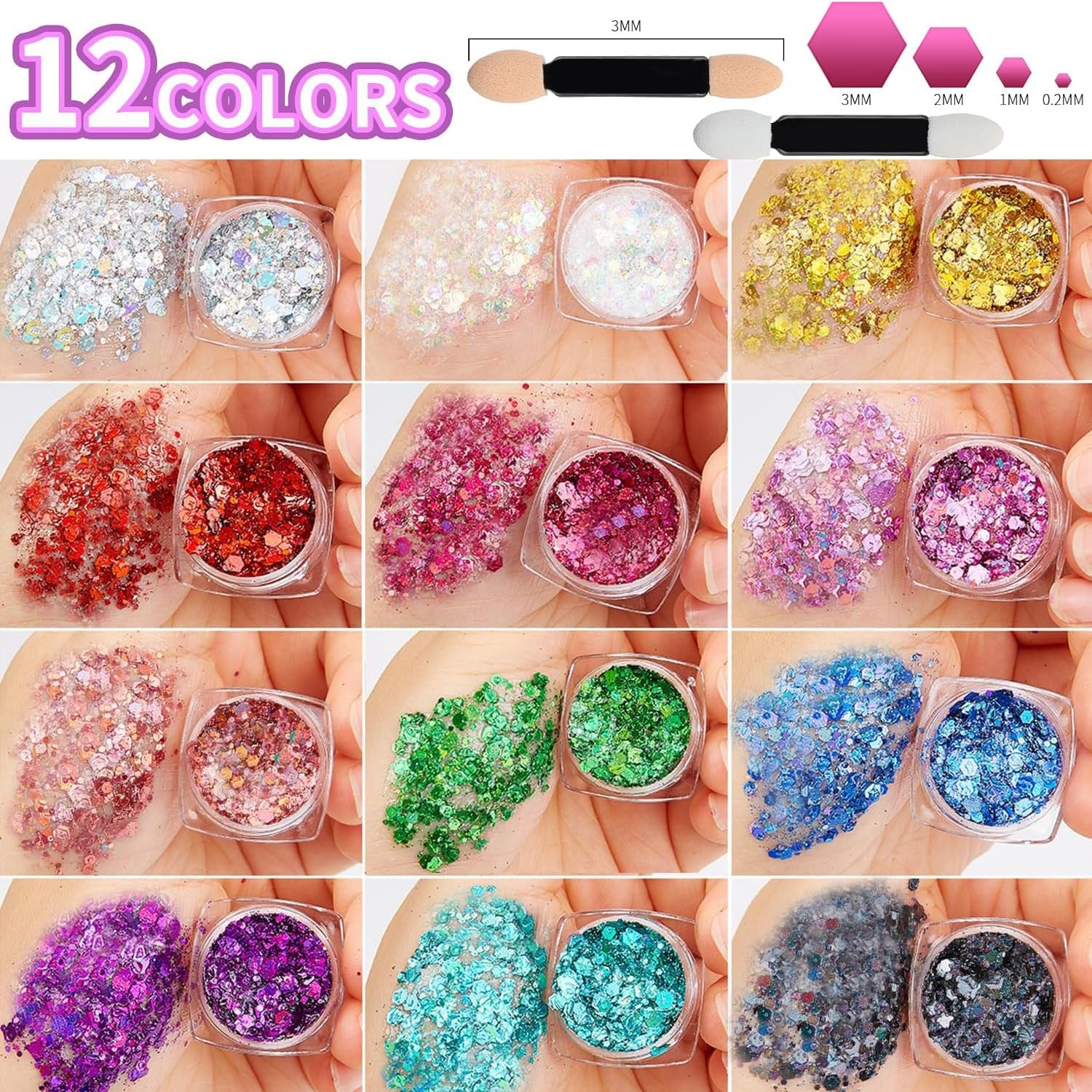 12 Vibrant Shades Face & Body Glitter Gel Set – Long Lasting Cosmetic Glitter…