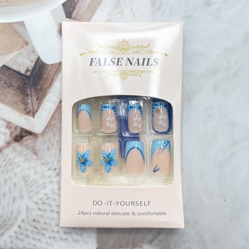 Set of 24 Short Square Fake Blue French Tip Nails – 6 Pieces