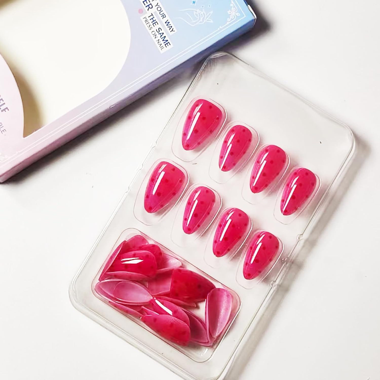 24Pcs Rose Red Press on Nails,Short Oval Fake Nails with Brown Polka Dots Design