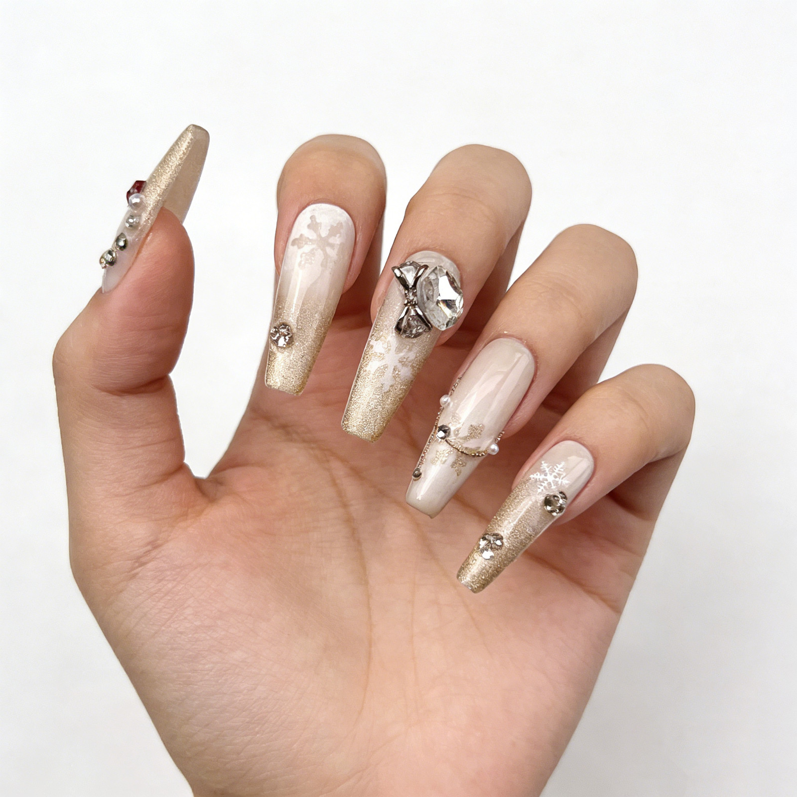 Gold Snowflake Press On Nails Long Coffin Rhinestone Christmas Nail Set