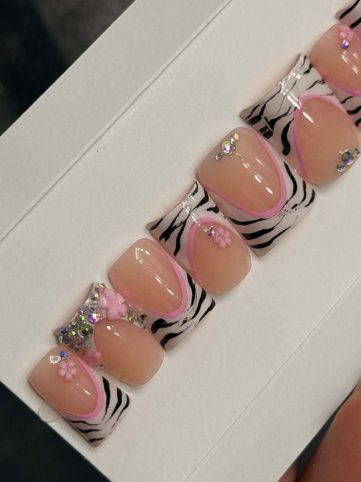 🎀 CUSTOM Hard Gel Press On False Nails French ZEBRA 10p Set SHORT DUCK W Kit