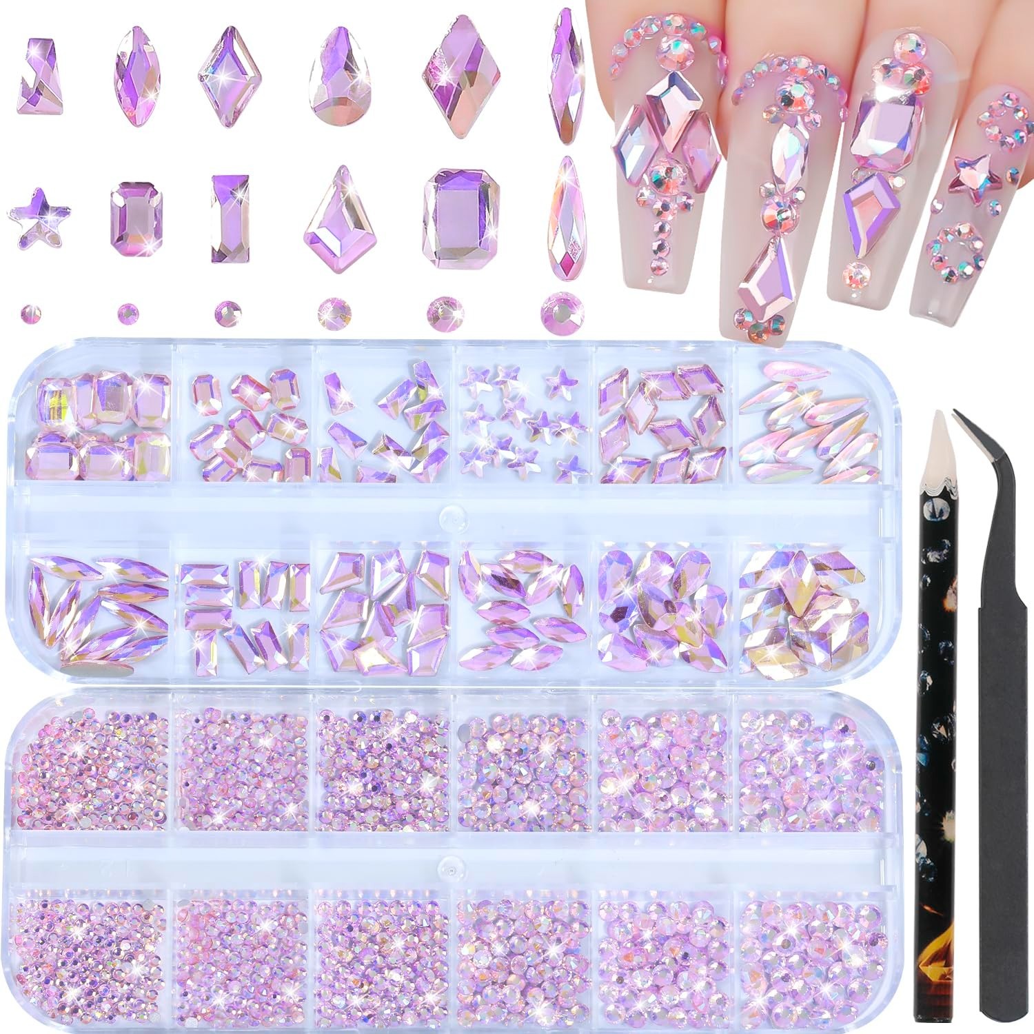 3D Nail Rhinestones 1600pcs – Multi Shape Pink AB Gems, Flat Back for Nail Art &