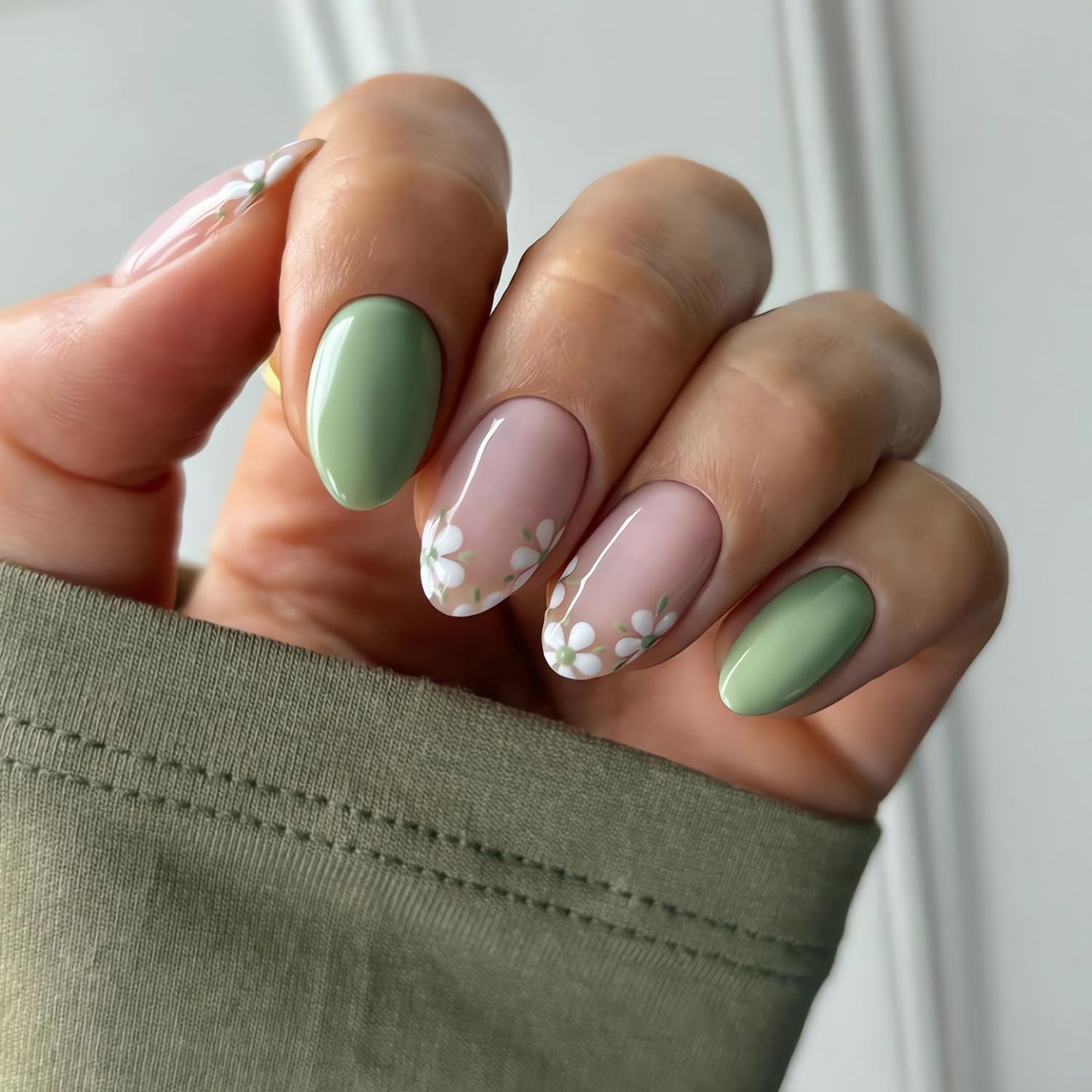 Summer French Tip Press On Nails Flower Design Almond Medium Glossy Fake Nails