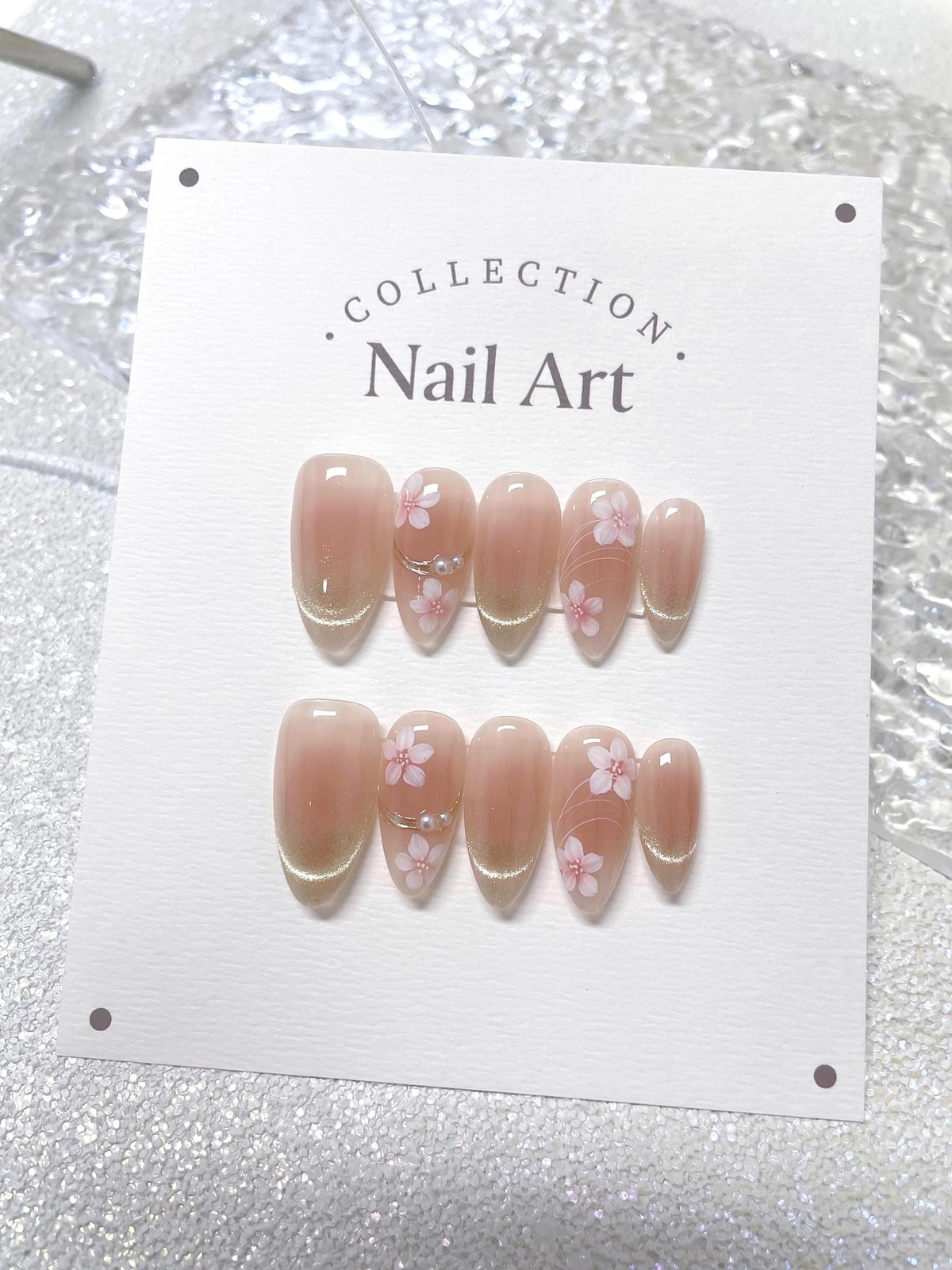 Handmade Pink Floral Gold Glitter Pearl Medium Round Press on Nails Set