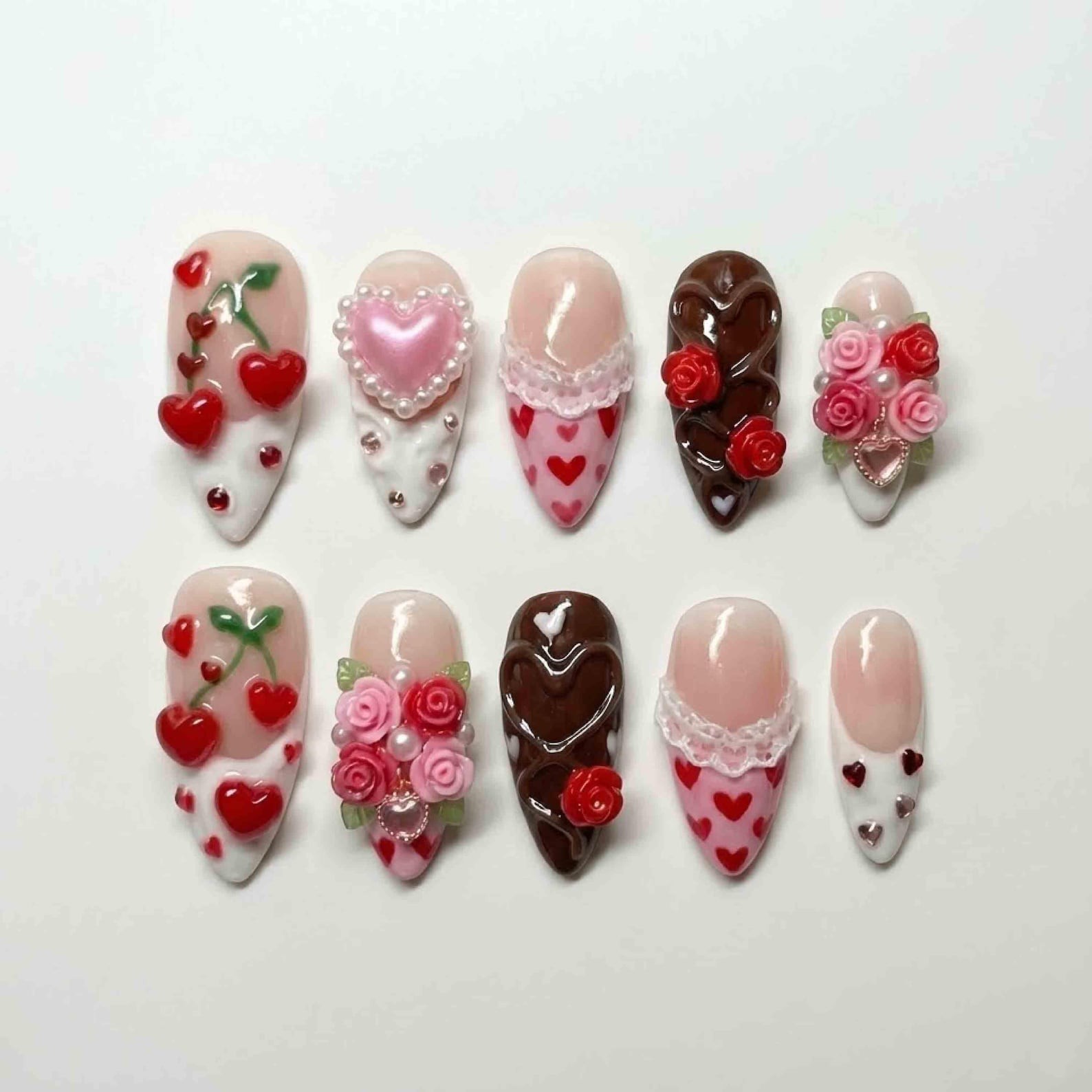 Handmade Valentine Heart Cherry Rose Lace Pearl Medium Almond Press on Nails