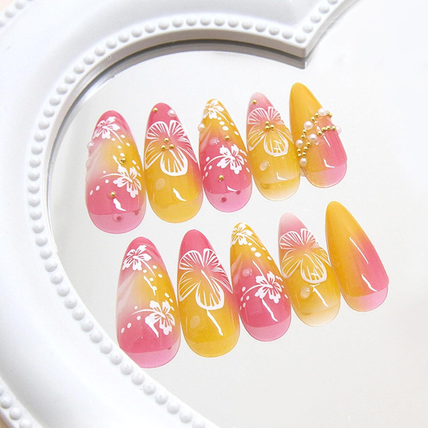 24Pcs Flower Press on Nails Almond Medium Stick on Nails Yellow 3D Floral Pearl