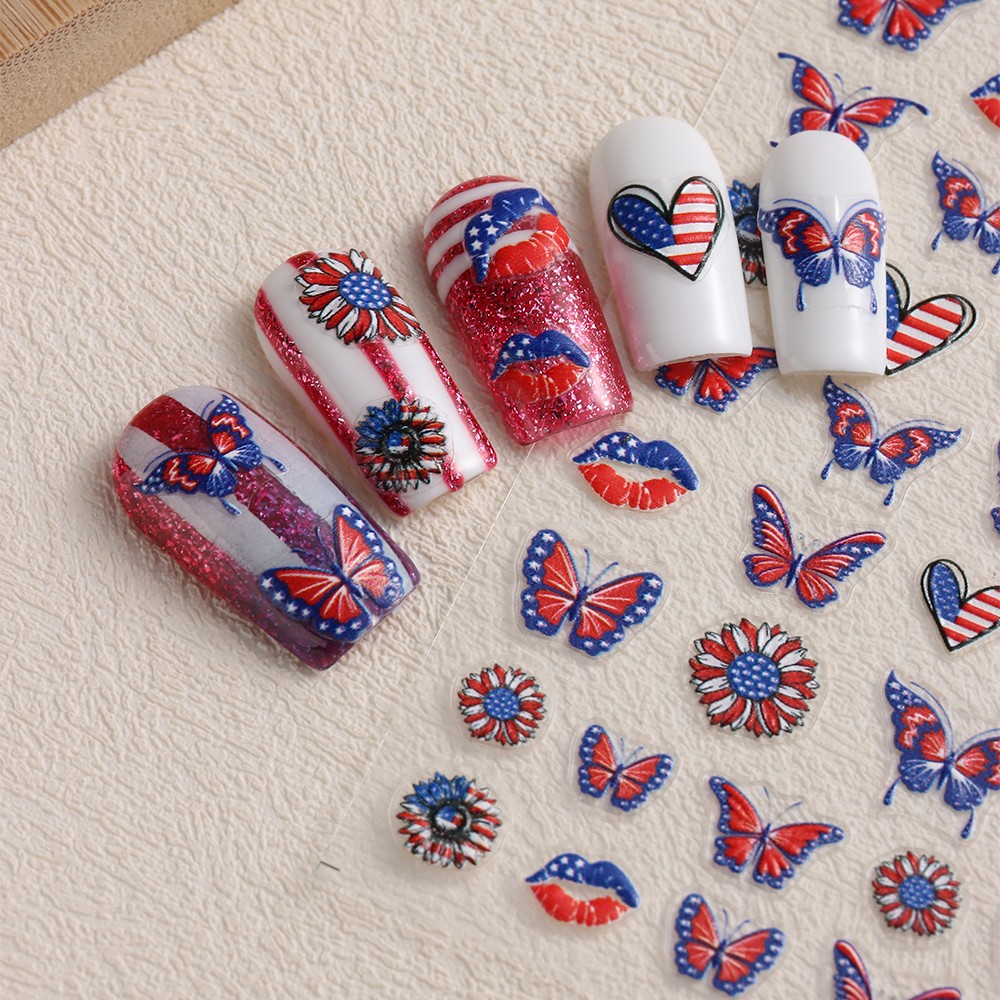 6 Sheets 4th of July Nail Art Stickers 3D Decals Red Blue White American Flags