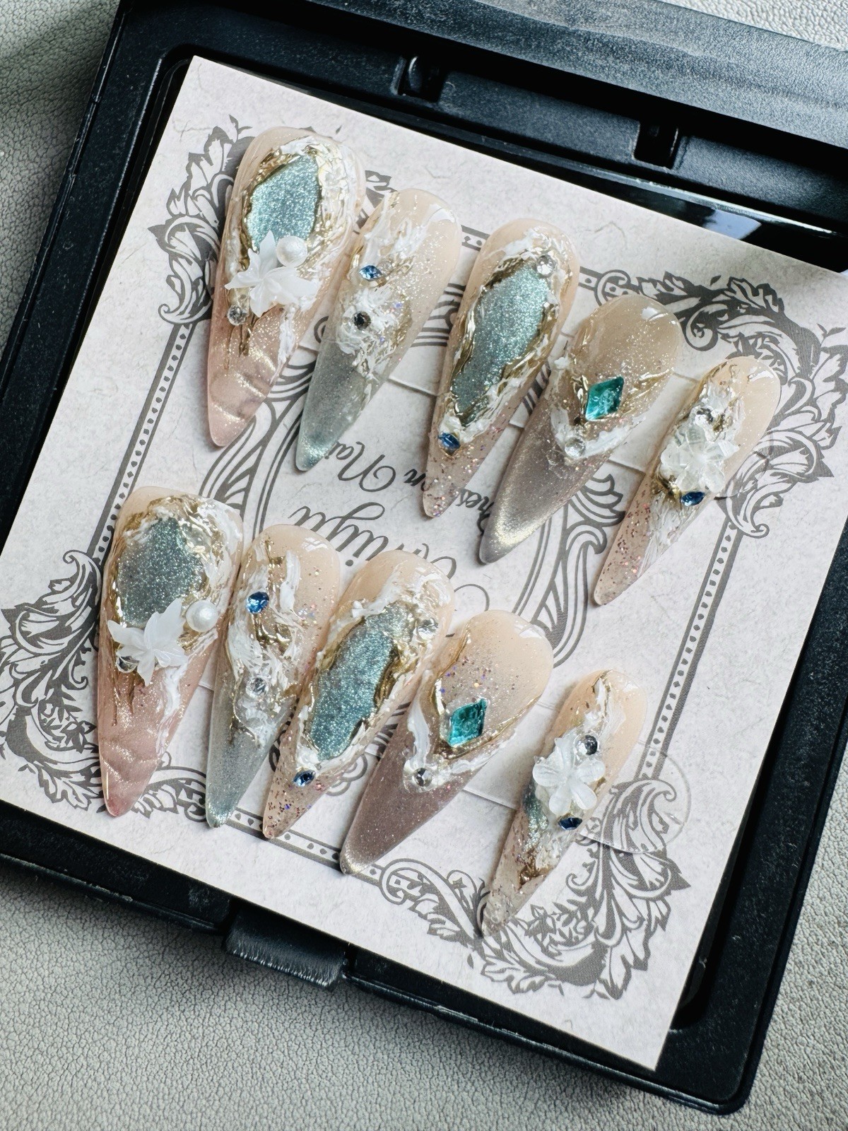 Press-On Nails Long Stiletto Nude/Gold/Silver Flowers 3D Glitter Full Cover