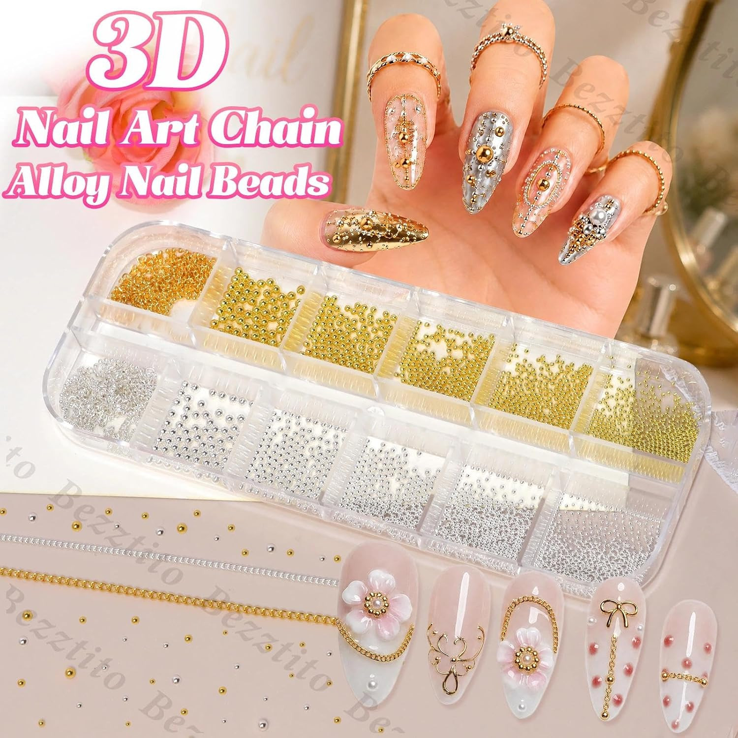 Gold Silver Caviar Beads 0.8-2Mm, Nail Chains & Metal Beads Kit | round Metal Na