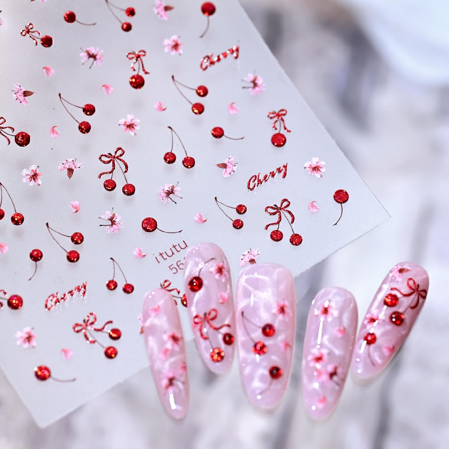 Red Cherry Nail Art Stickers 1 Sheet Self-Adhesive 5D Embossed Cherry Blossom Bo