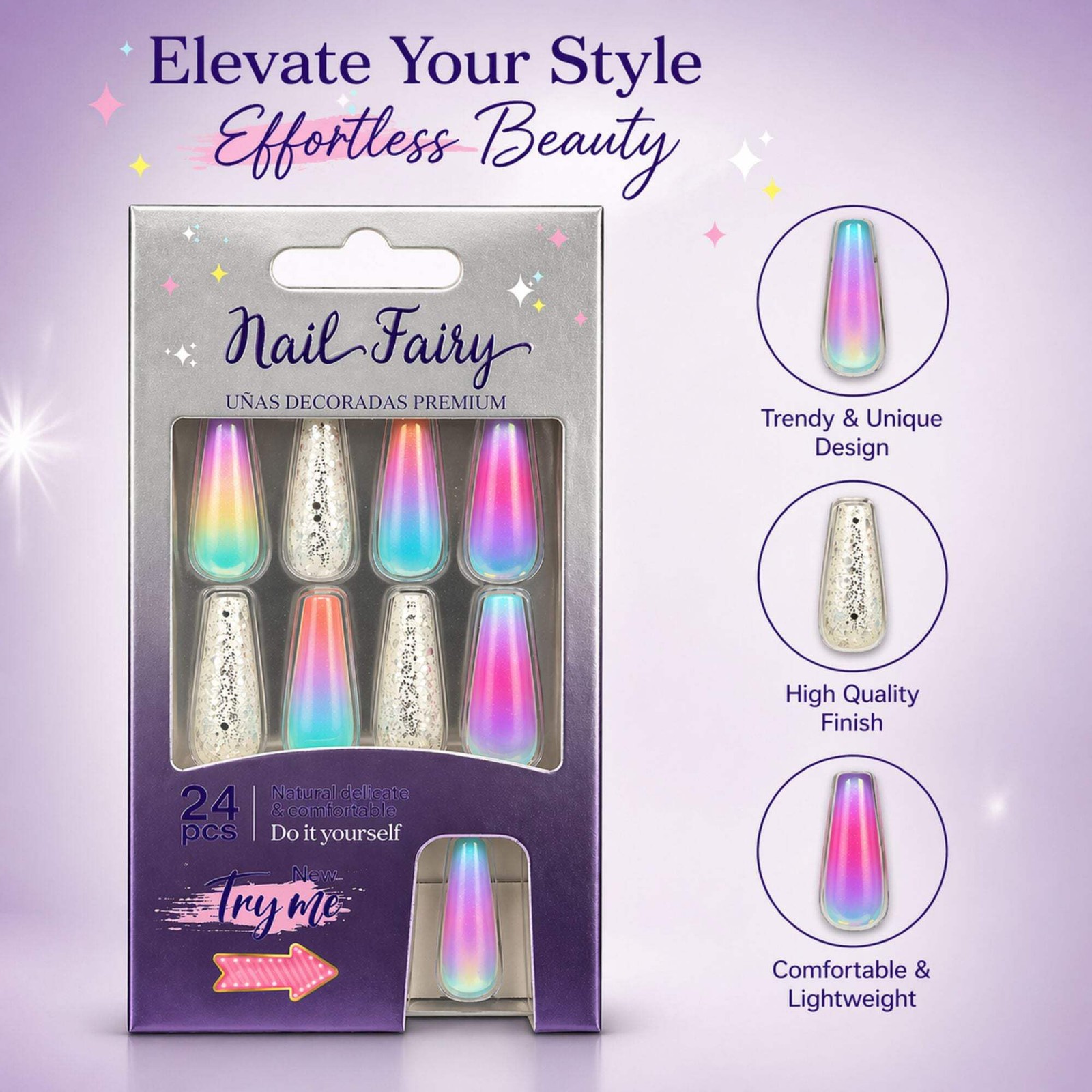 24 PCS Nail Fairy Rainbow Gloss Artificial Nails Set