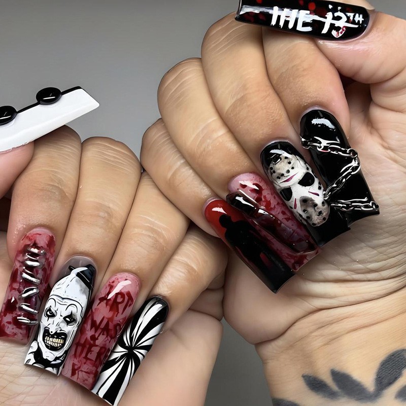 48Pcs-Long Coffin Horror Movie Clown Mask Blood Chain Fake Press on Nails Set