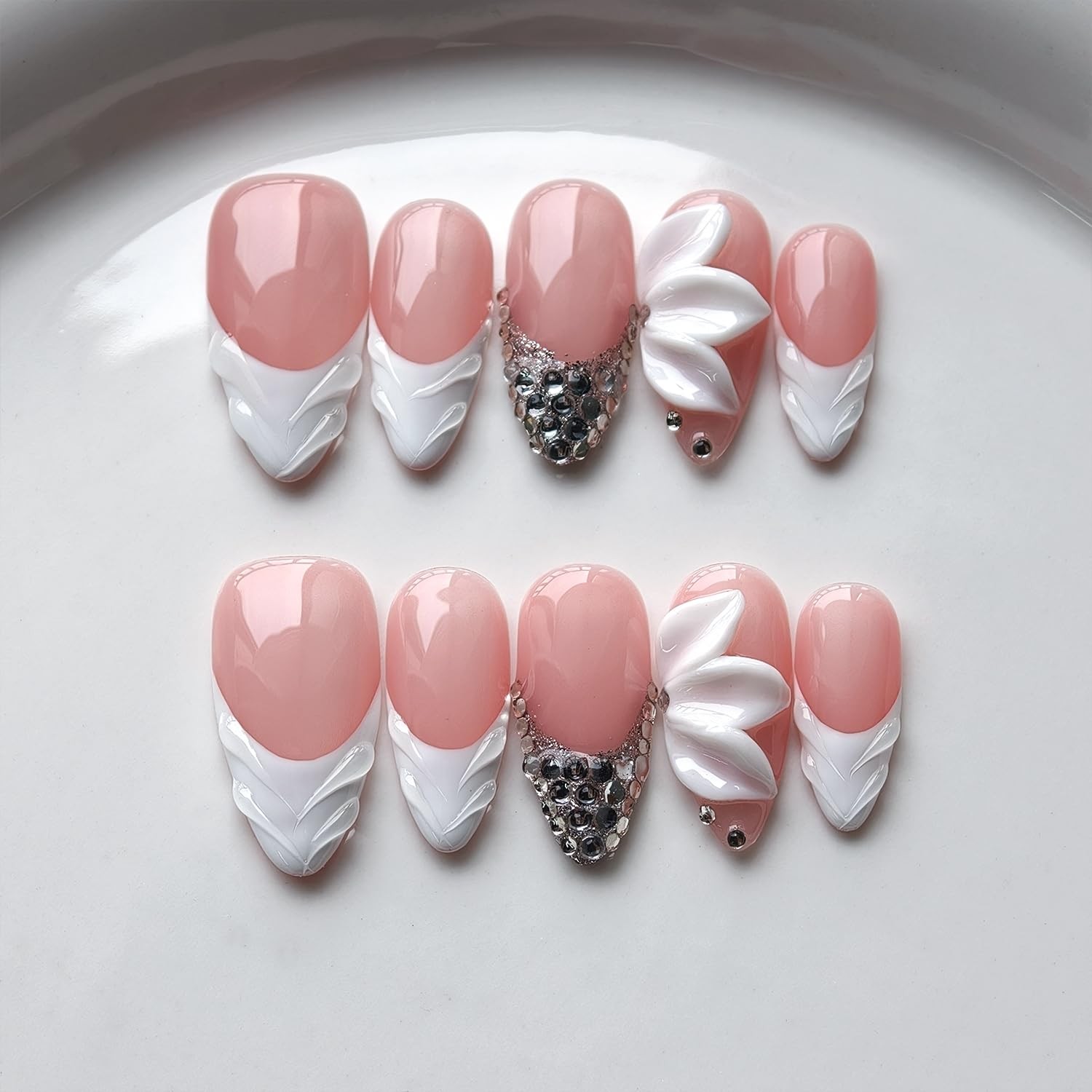 French Tip Press on Nails Handmade Medium Almond 3D Thick Acrylic Nails White…