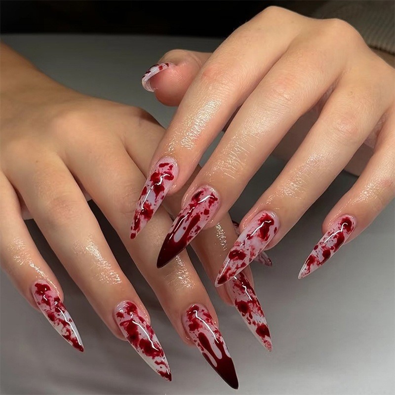 48 Pcs Blood Splatter Press on Nails, Long Stiletto Halloween Party Decor Nails