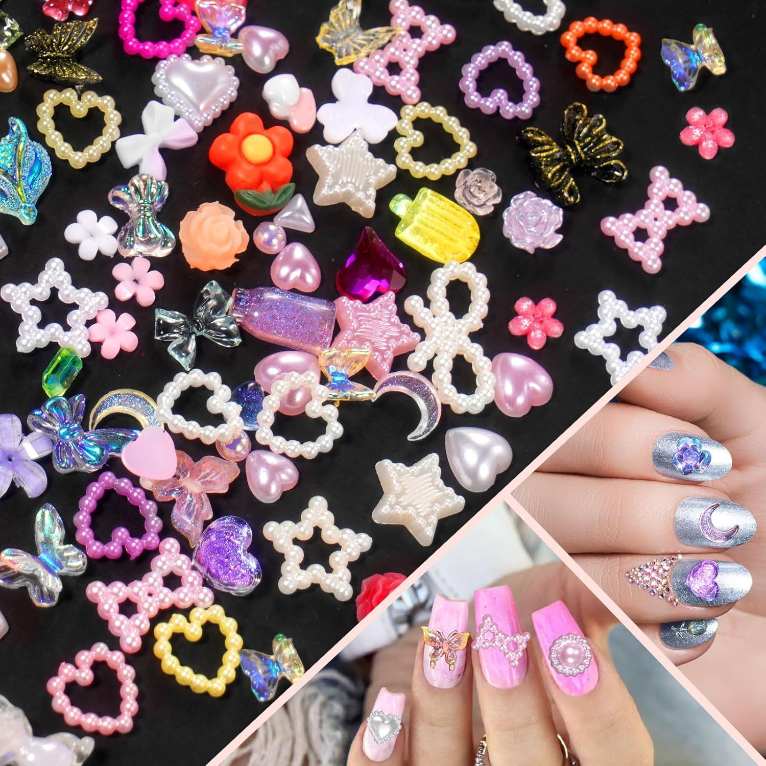 3D Mix Assorted Color Nail Charms, Acrylic Multi Blue Purple White Heart Flower
