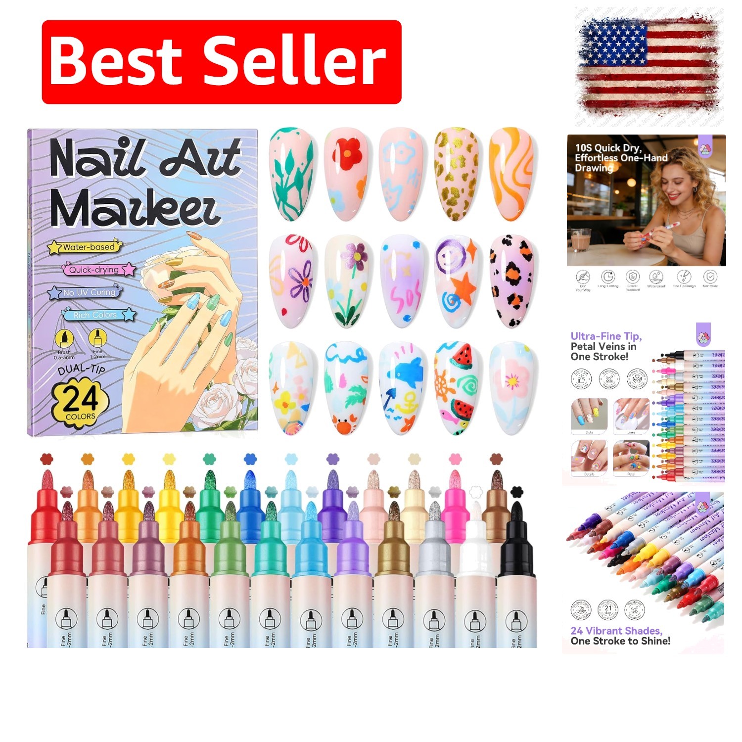 24 Colors Nail Art Pens Set, 20s Quick Drying Nail Polish Pens | 0.5-1mm Dual…