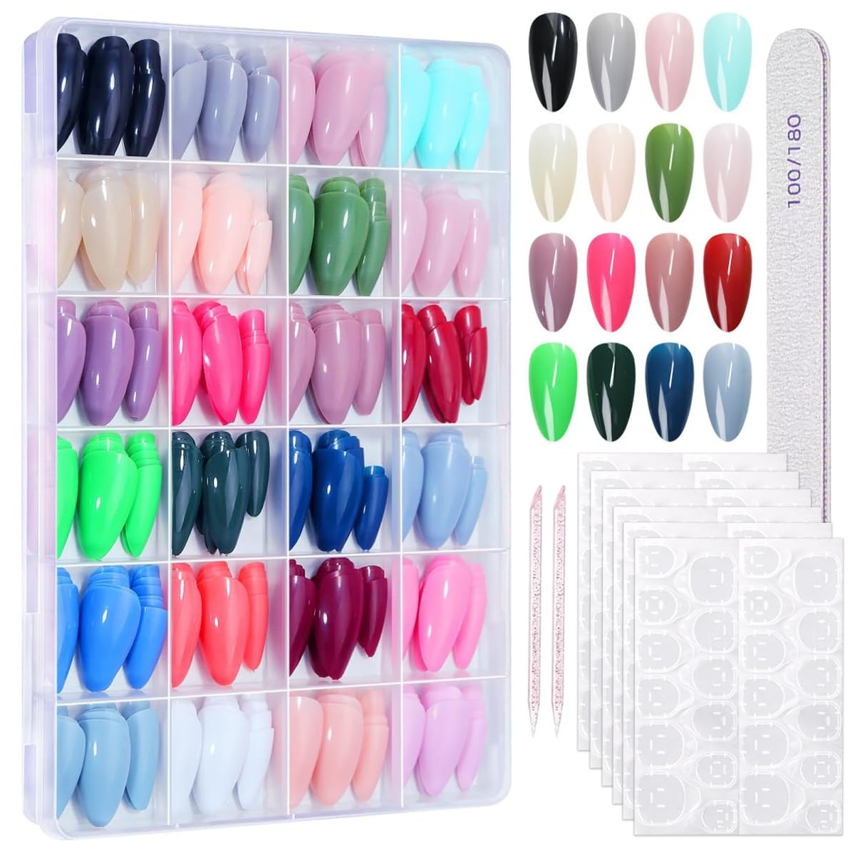576Pcs Almond Press on Nails Medium Fake Nails 24 Colors False Nails with 12 Siz