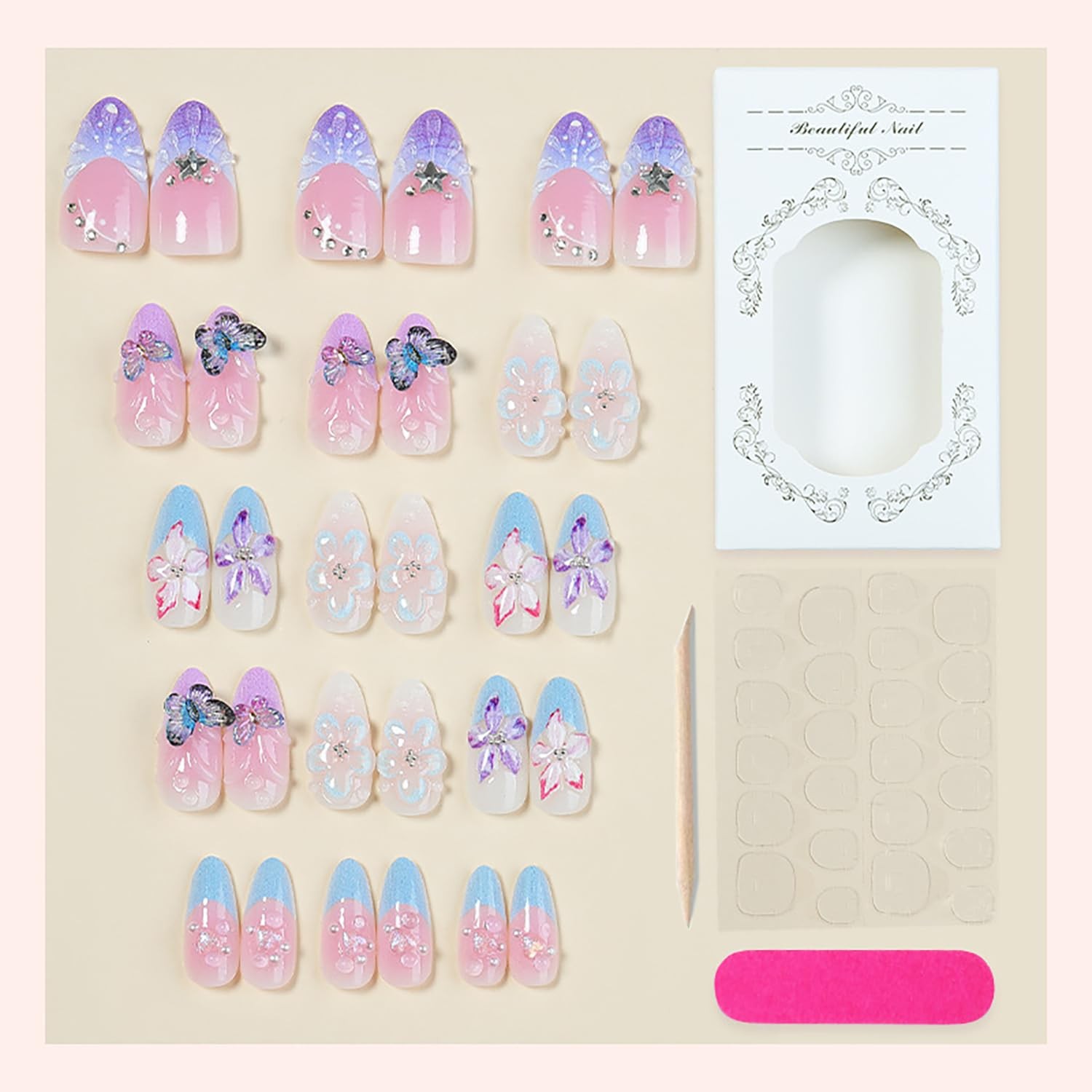 30Pcs Spring Butterfly Press on Nails Medium Almond Purple French Tip Fake Na…