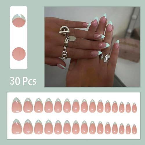 30Pcs Mint Green Press on Nails French Tip Fake Nails Short Almond Shape