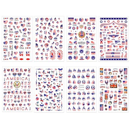8 Sheets 4th of July Nail Stickers, Independence Day Patriotic Nail Decals, 3D