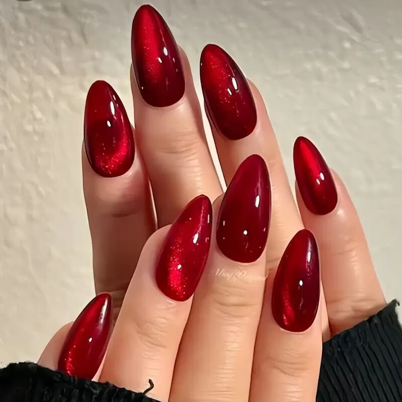Elegant Cherry Red 24pcs Almond Shaped Press-On Nails – Middle Length, Glossy