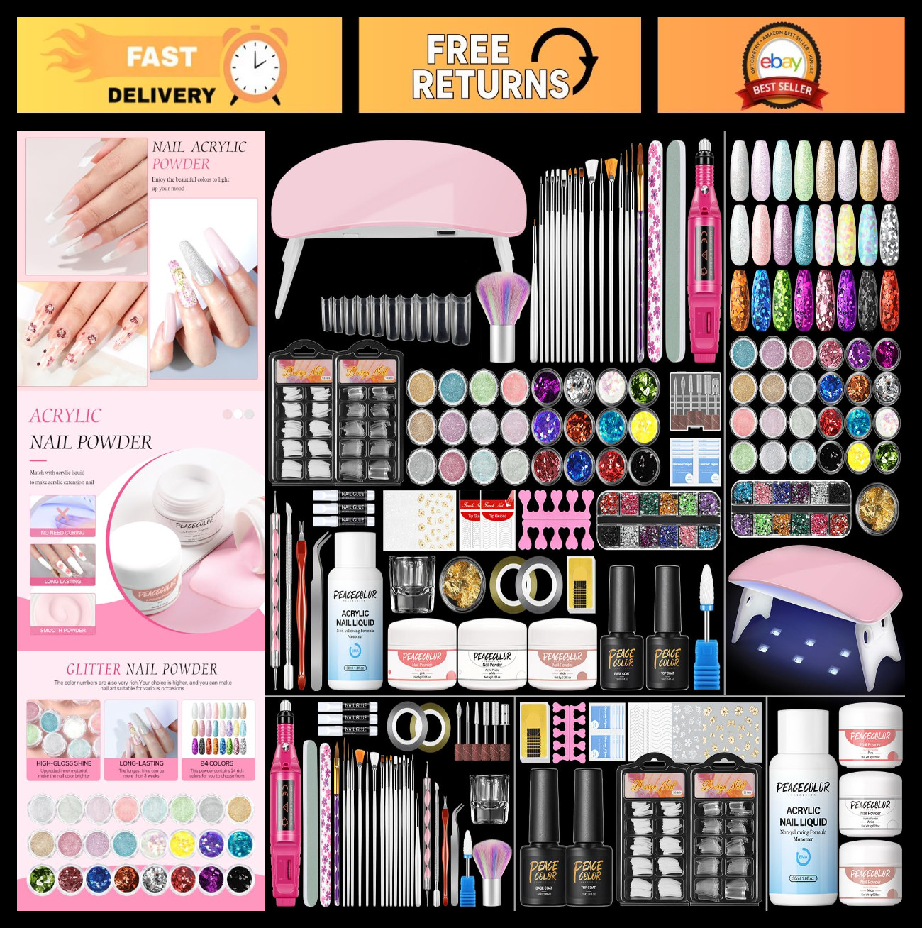 Acrylic Nail Kit with Drill & UV Light – Professional DIY Set for Beginners, 3PC