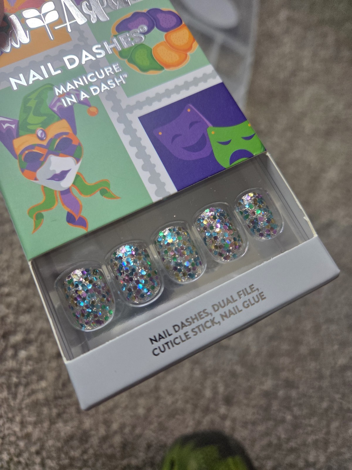 Red Aspen Nail Dashes Press-On Nails Mardi Gras Multicolor Glitter Square