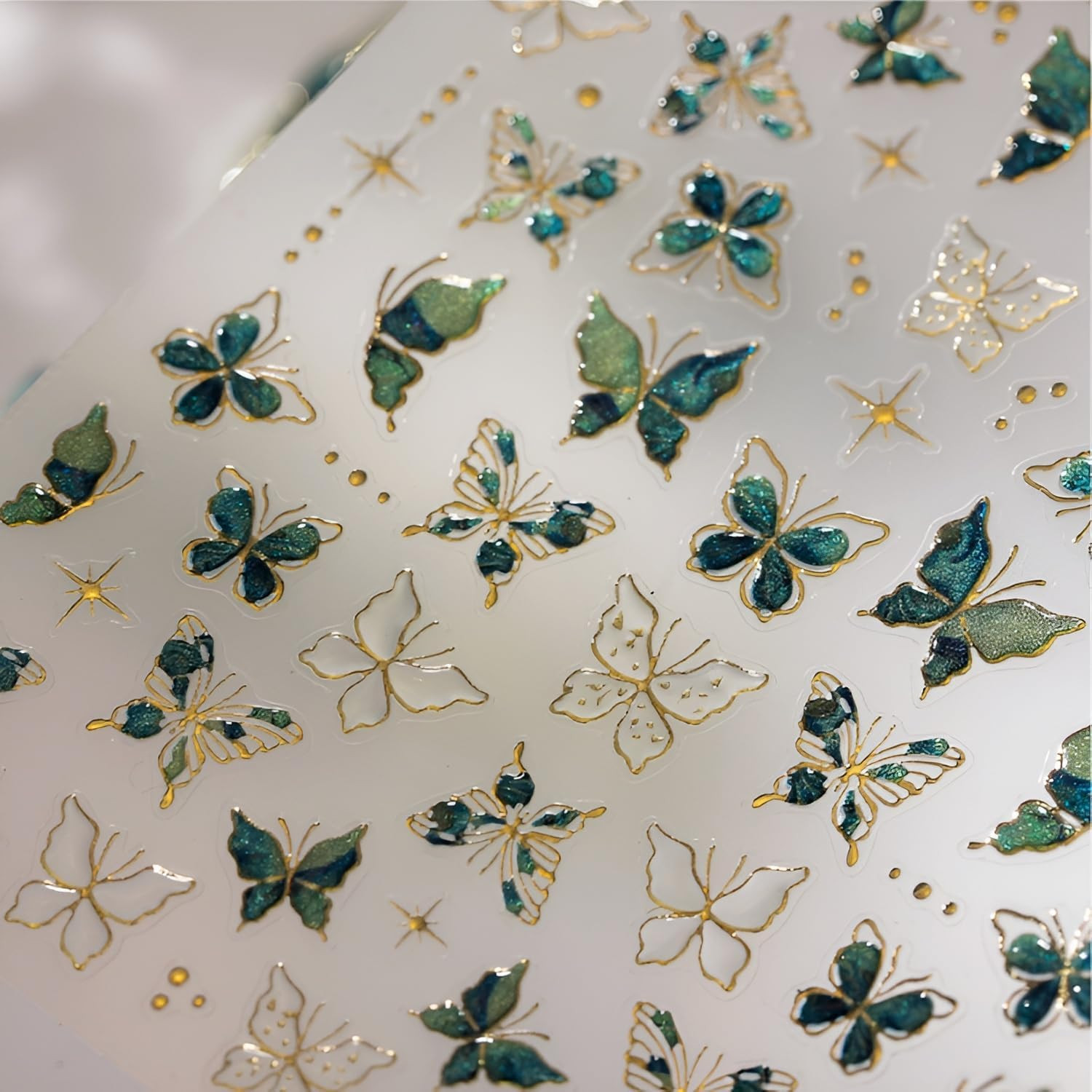 Green Butterfly Nail Stickers for Nail Art 5D Embossed Nail Decals Gold Butterfl