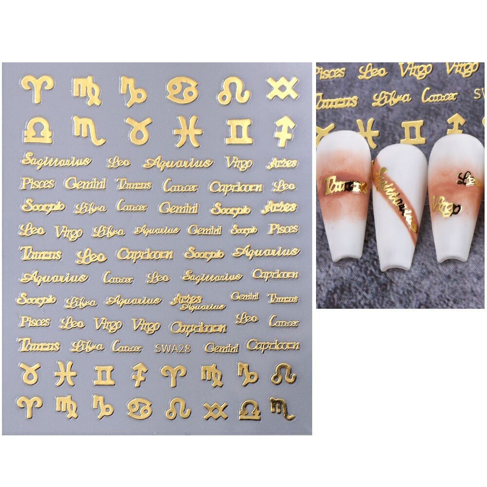 Zodiac Signs Words Nail Art Stickers: Symbols Astrologic Keys Gold Silver Pink