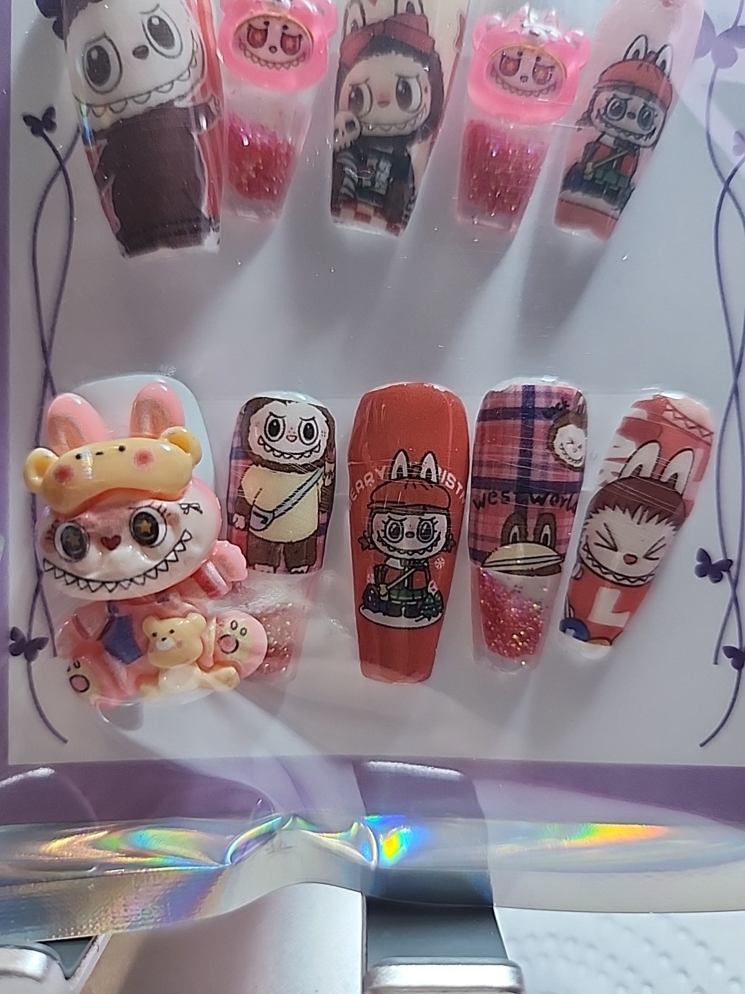 Press On Nails Large Coffin Pink Labubu With Waternails
