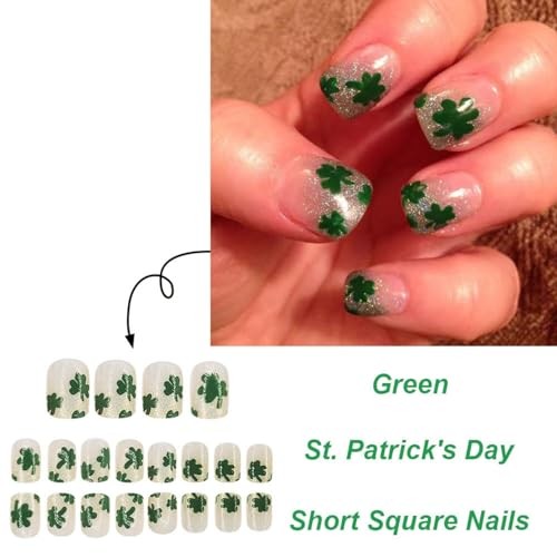 St. Patrick’s Day Press-On Nails with Glitter Designs, Short Square Fake Nails