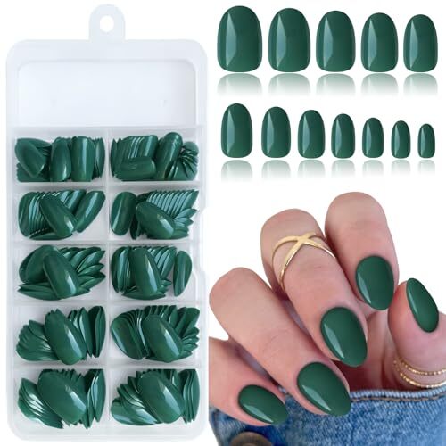 Short Press on Nails Almond Fake Nails, 240 Round Almond Press on Emerald Green